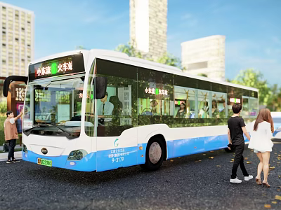 Blue and White Electric City Bus Carrying Passengers at Urban Bus Stop 3d model