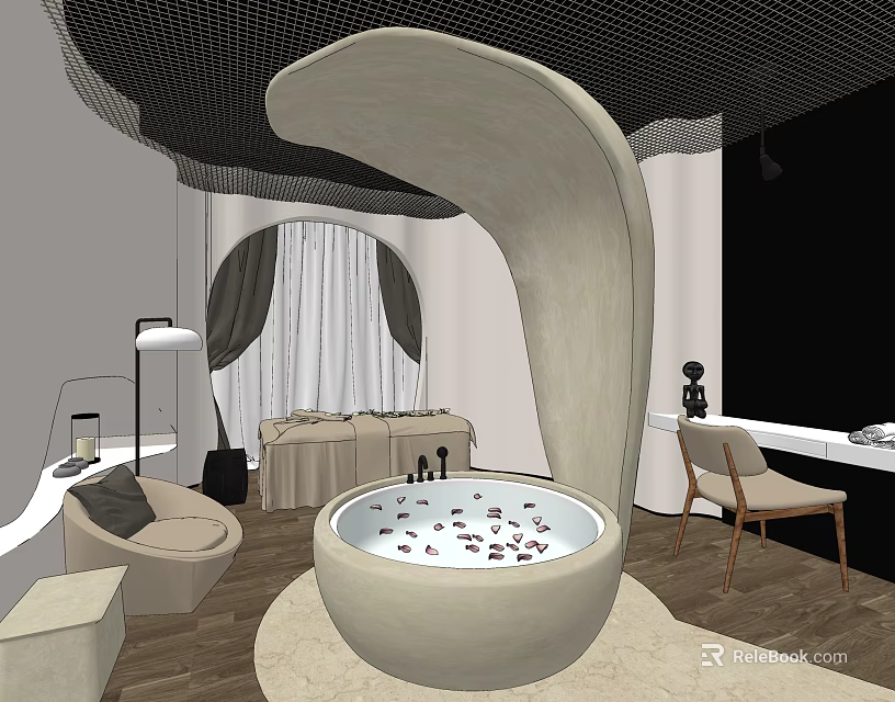Luxury Club Interior With Bathtub Petals Sofa Table Chair And Curtains 3d model 