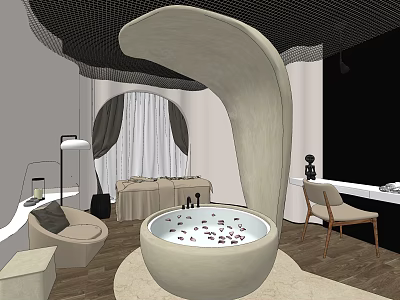 Luxury Club Interior With Bathtub Petals Sofa Table Chair And Curtains 3d model