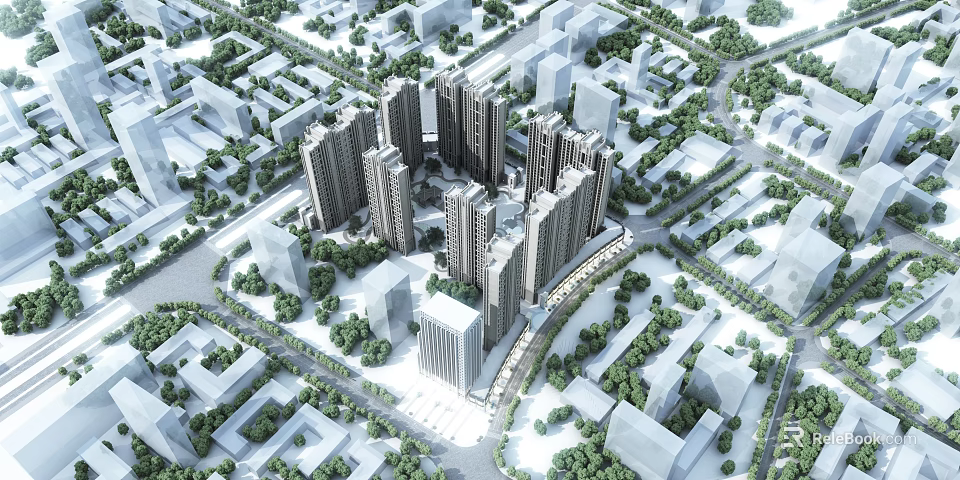 Birds Eye View Planning of Urban High Rise Buildings with Green Spaces and Road Layout 3d model 