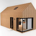 Two Story Wooden House With Large Windows And Interior Living Furniture