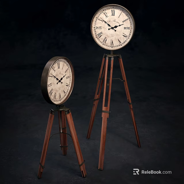 Two Vintage Clocks on Wooden Tripod Stands with Roman Numeral Dials 3d model 
