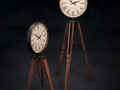 Two Vintage Clocks on Wooden Tripod Stands with Roman Numeral Dials 3d model