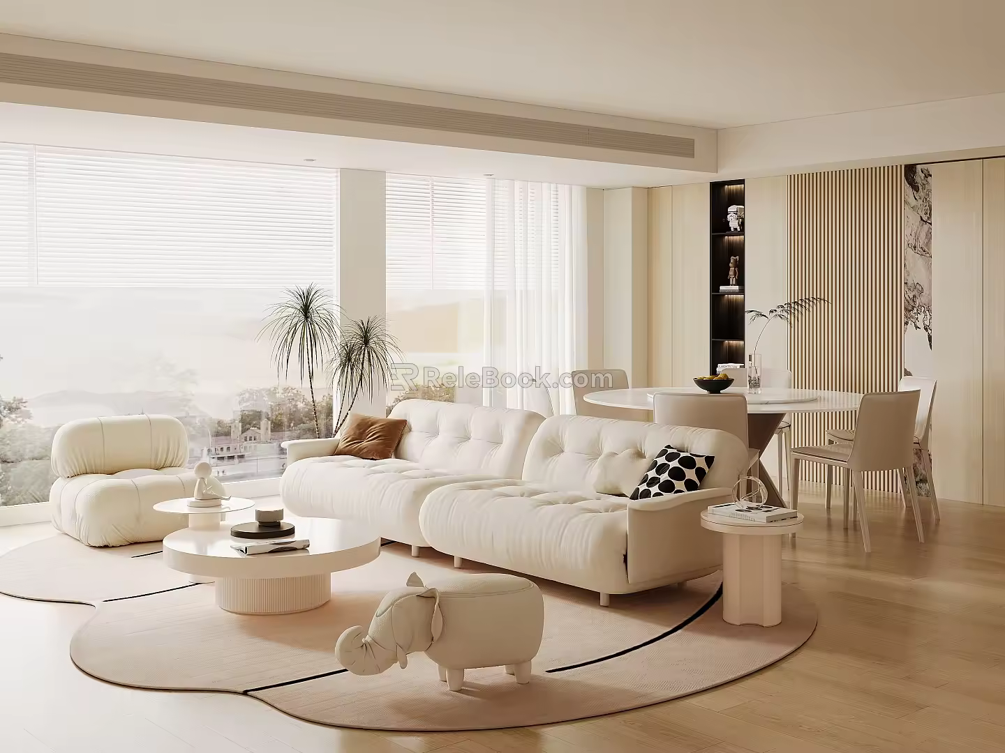 Cream Style Home Guest Restaurant Fabric Sofa Coffee Table Combination Round Coffee Table Dining Table and Chair Combination Backrest Dining Chair Leisure Sofa Chair Floor-to-ceiling Window Decoration Ornaments 3d model