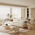 Cream Style Home Guest Restaurant Fabric Sofa Coffee Table Combination Round Coffee Table Dining Table and Chair Combination Backrest Dining Chair Leisure Sofa Chair Floor-to-ceiling Window Decoration Ornaments 3d model