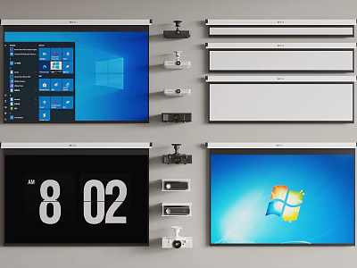 Projection Monitoring Equipment Featuring Various Screens Surveillance Cameras Time Display And Windows Interface 3d model