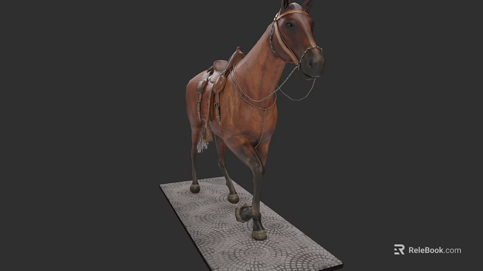 Realistic Brown Horse Statue With Leather Saddle On Patterned Base 3d model 