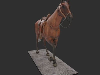 Realistic Brown Horse Statue With Leather Saddle On Patterned Base 3d model