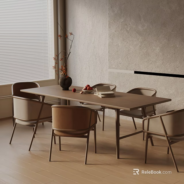 Modern Dining Table Set With Wooden Chairs Tabletop Vase Fruits Books And Natural Light 3d model 