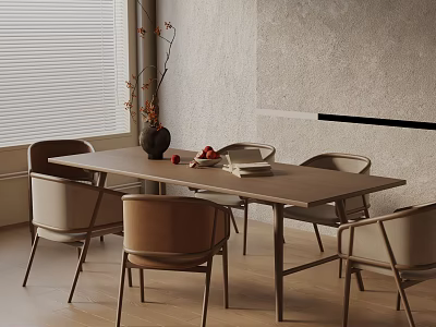Modern Dining Table Set With Wooden Chairs Tabletop Vase Fruits Books And Natural Light 3d model