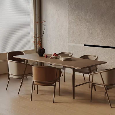 Modern Dining Table Set With Wooden Chairs Tabletop Vase Fruits Books And Natural Light 3d model