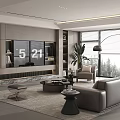Modern Living Room Interior Design With Gray Sofa TV Wall Fireplace And Large Window