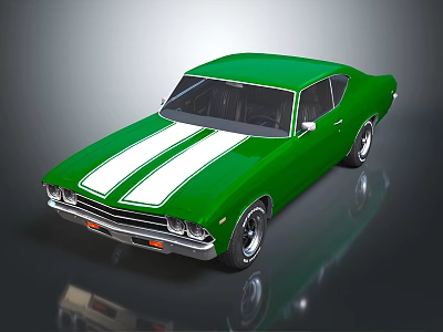 Green Classic Muscle Car With White Stripes And Shiny Exterior Design 3d model