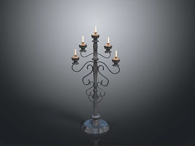 Elegant Wrought Iron Candelabra With Blue Base And Multiple Lit Candles 3d model