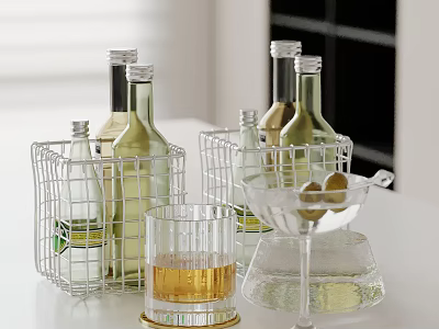 Tabletop Decorative Ornament Combination Featuring Wire Baskets Bottles Glassware And Olives 3d model