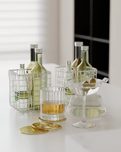 Tabletop Decorative Ornament Combination Featuring Wire Baskets Bottles Glassware And Olives 3d model