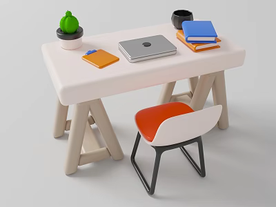 Minimalist White Desk With Green Plant Black Mug Books Notebook Laptop And Orange Chair 3d model