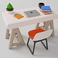 Minimalist White Desk With Green Plant Black Mug Books Notebook Laptop And Orange Chair