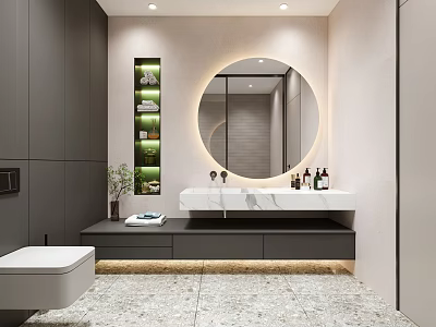 Modern Bathroom Interior With Round Mirror Lighting Marble Countertop Gray Cabinets And Green Plants 3d model