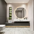 Modern Bathroom Interior With Round Mirror Lighting Marble Countertop Gray Cabinets And Green Plants