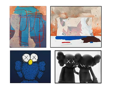 Art Collection With Abstract Paintings And X Eyed Cartoon Sculptures In Colorful Designs 3d model