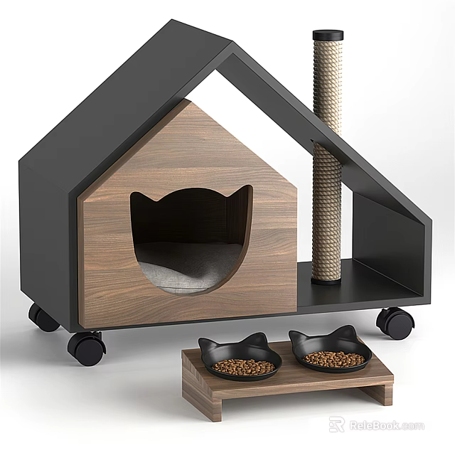 Wooden Cat House With Scratching Post And Bowls On Rolling Wheels 3d model 