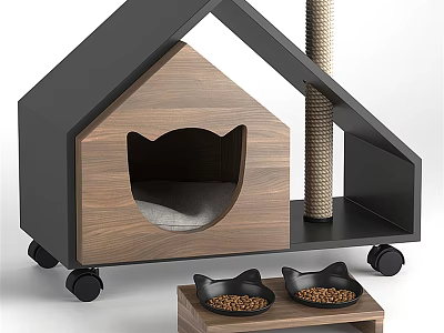 Wooden Cat House With Scratching Post And Bowls On Rolling Wheels 3d model