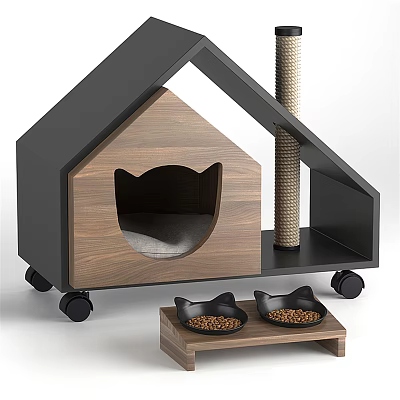 Wooden Cat House With Scratching Post And Bowls On Rolling Wheels 3d model