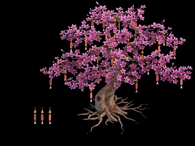 Pink Flowering Tree With Exposed Roots Hanging Tassel Decorations On Black Background And Small Ornaments 3d model