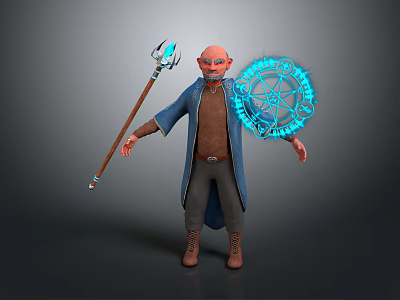 Mystical Wizard Character Holding Magic Staff With Glowing Blue Arcane Circle 3d model