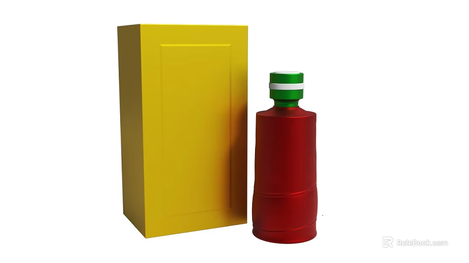 Yellow Box And Red Bottle With Green Cap On White Background 3d model 