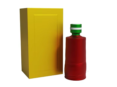 Yellow Box And Red Bottle With Green Cap On White Background 3d model