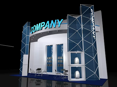 Modern Company Exhibition Booth Featuring Electric Products Display And Blue White Structure 3d model
