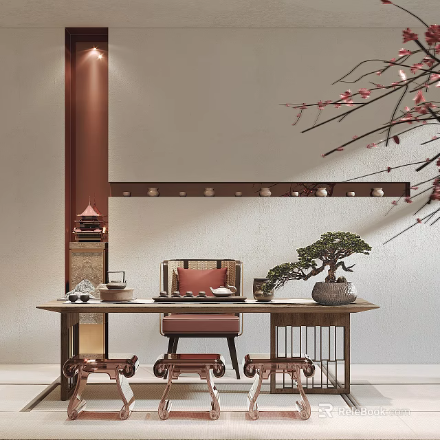 Chinese Style Interior With Tea Table Chairs Tea Sets And Bonsai Decor 3d model