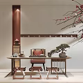 Chinese Style Interior With Tea Table Chairs Tea Sets And Bonsai Decor 3d model