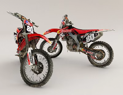 Two Red Motocross Motorcycles With Dirt Tires And Numbers 44 88 On 3d model Two Red Motocross Motorcycles With Dirt Tires And Numbers 44 88 On 3d model