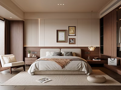 Elegant Modern Bedroom Interior With Comfortable Bed Wall Art And Soft Area Rug 3d model