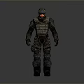 Man In Futuristic Armored Combat Suit With Helmet And Tactical Gear