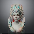 Intricate Woman Sculpture With Colorful Pastel Headpiece And Artistic Fantasy Upper Body