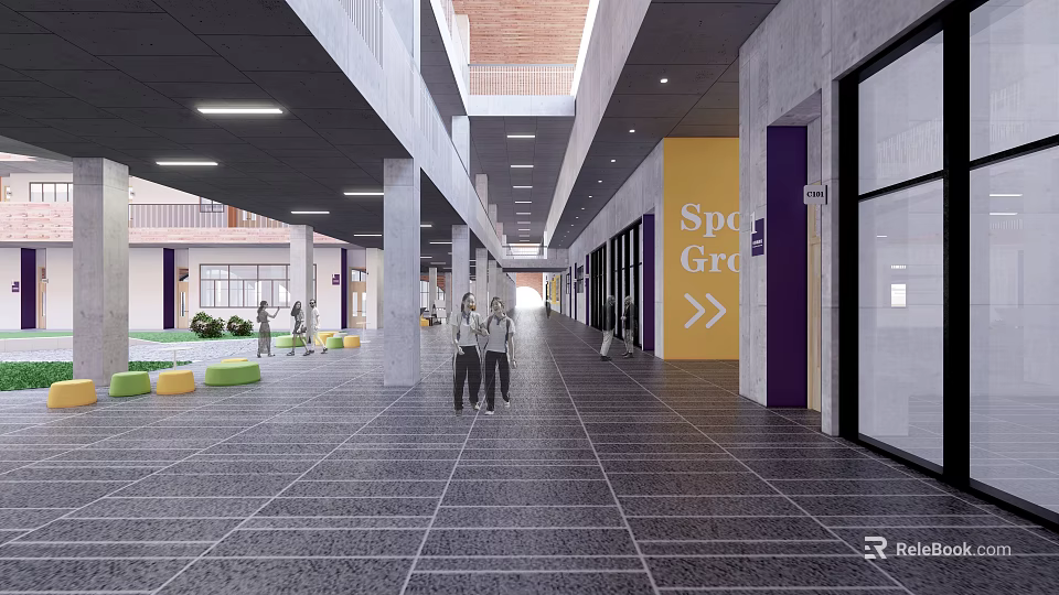 Modern Elevator Corridor With Spacious Tile Floor Ceiling Lights Directional Signs And Pedestrians 3d model 