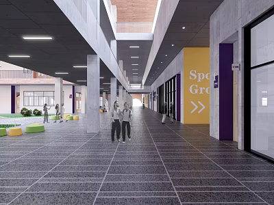 Modern Elevator Corridor With Spacious Tile Floor Ceiling Lights Directional Signs And Pedestrians 3d model