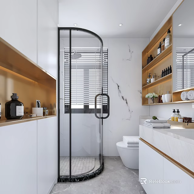 Elegant Modern Marble Bathroom With Black Framed Glass Shower And Gold Open Storage Shelves 3d model 