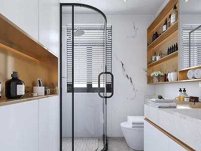 Elegant Modern Marble Bathroom With Black Framed Glass Shower And Gold Open Storage Shelves 3d model