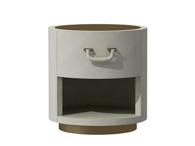Round Light Gray Bedside Table With Drawer Metal Handle Open Shelf And Brown Base 3d model