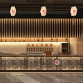 Japanese Style Restaurant Interior With Counter Lanterns Wooden Decor And Wine Racks