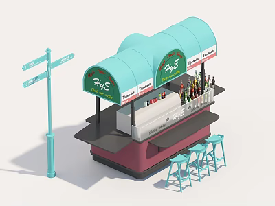 P&S Food Stall With Light Blue Awning Sign And Blue Stools Near Street Sign 3d model