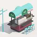 P&S Food Stall With Light Blue Awning Sign And Blue Stools Near Street Sign