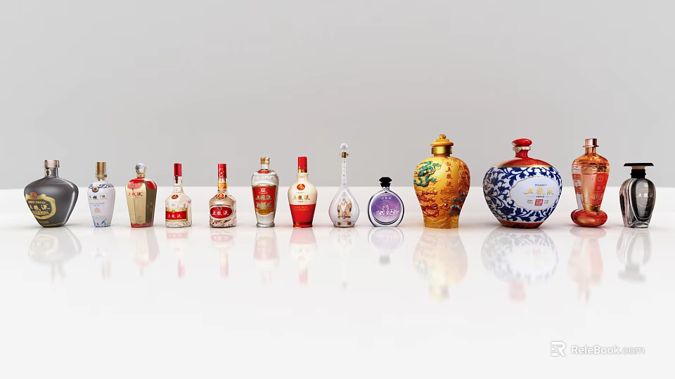 Neatly Arranged Various Designed Wine Bottles And Glasses On White Reflective Surface 3d model 