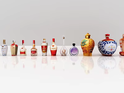 Neatly Arranged Various Designed Wine Bottles And Glasses On White Reflective Surface 3d model