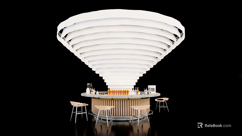 Modern Bar Design With White Layered Curved Ceiling Lights Wooden Counter Bar Stools And Bottles 3d model 